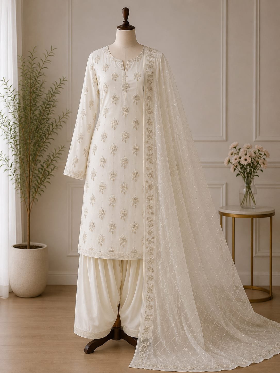 Off-White Embroidered Chiffon 3-Piece Unstitched Suit