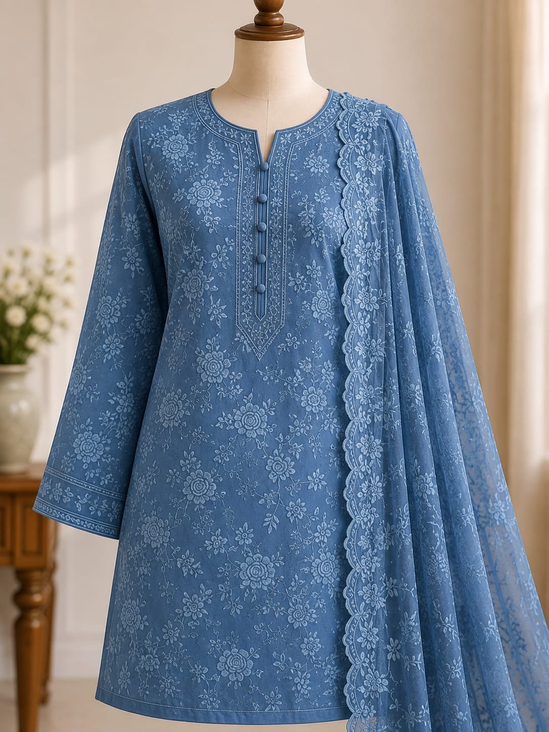 Dusty Blue Embroidered Chiffon 3-Piece Unstitched Suit