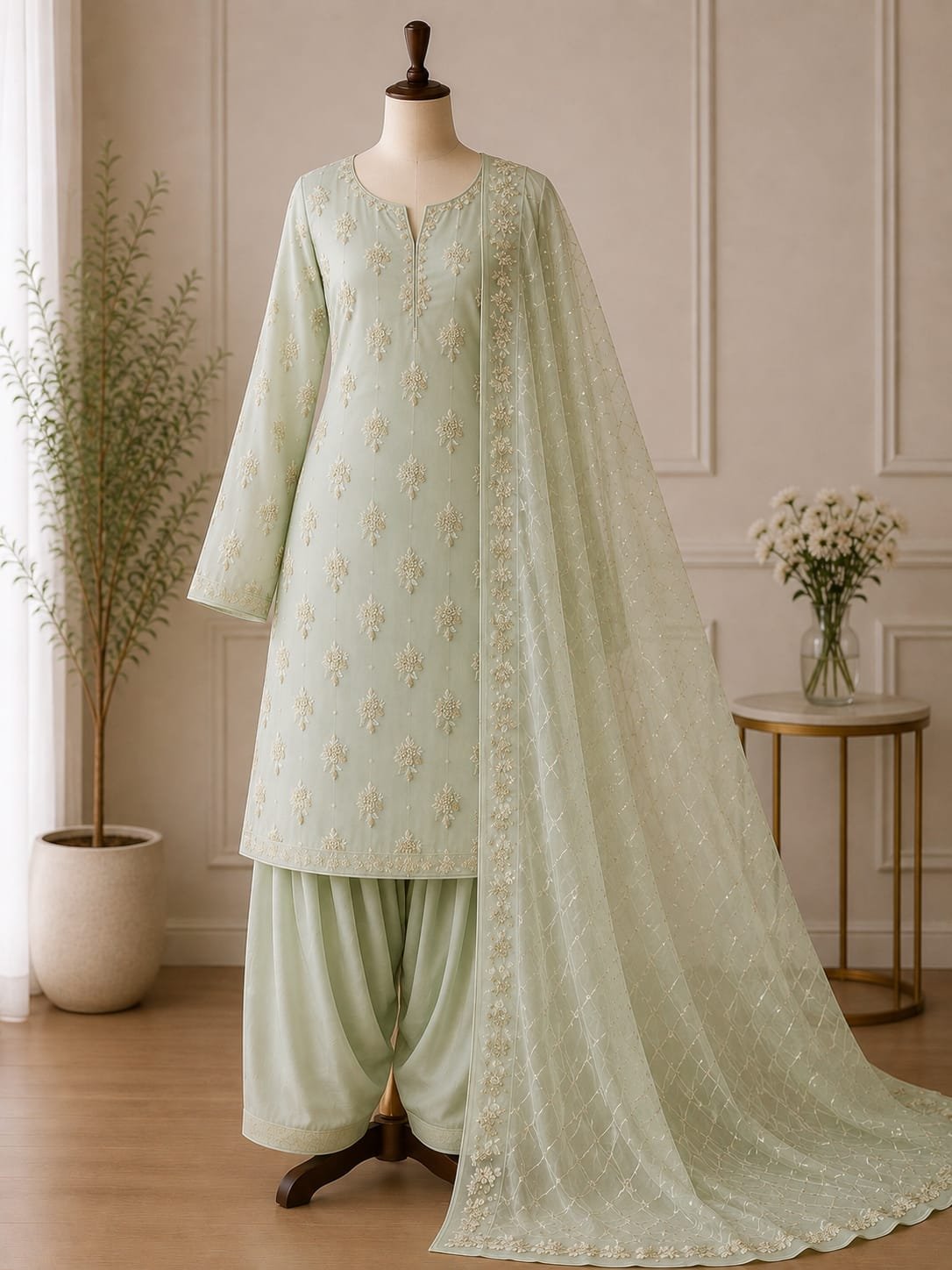 Mint Green Embroidered Chiffon 3-Piece Unstitched Suit
