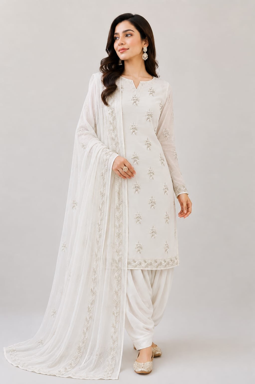 Elegant Off-White Embroidered Chiffon 3-Piece Unstitched Suit