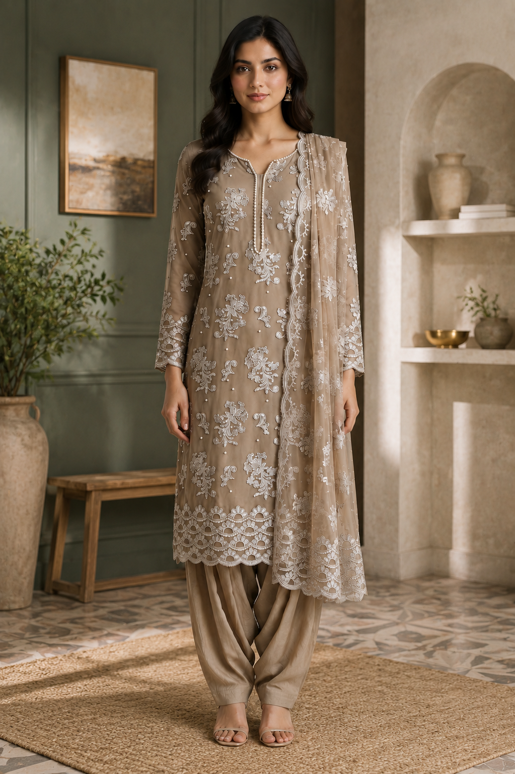 Muted Gold Embroidered Chiffon 3-Piece Unstitched Suit