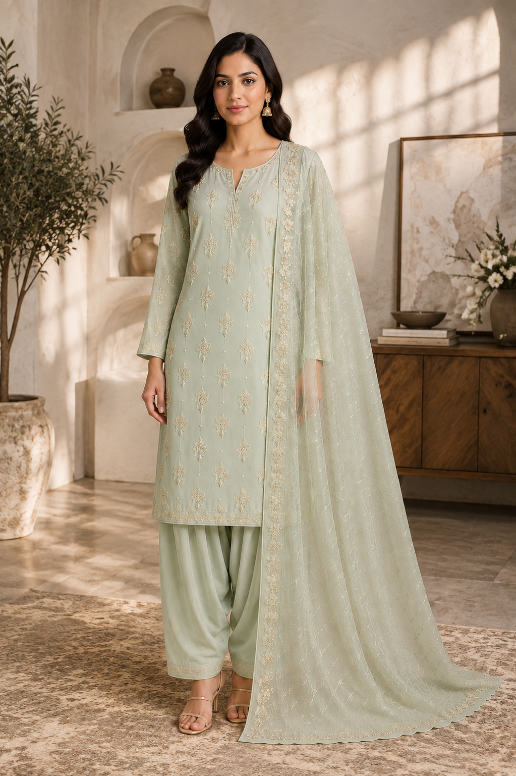 Off-White Embroidered Chiffon 3-Piece Unstitched Suit