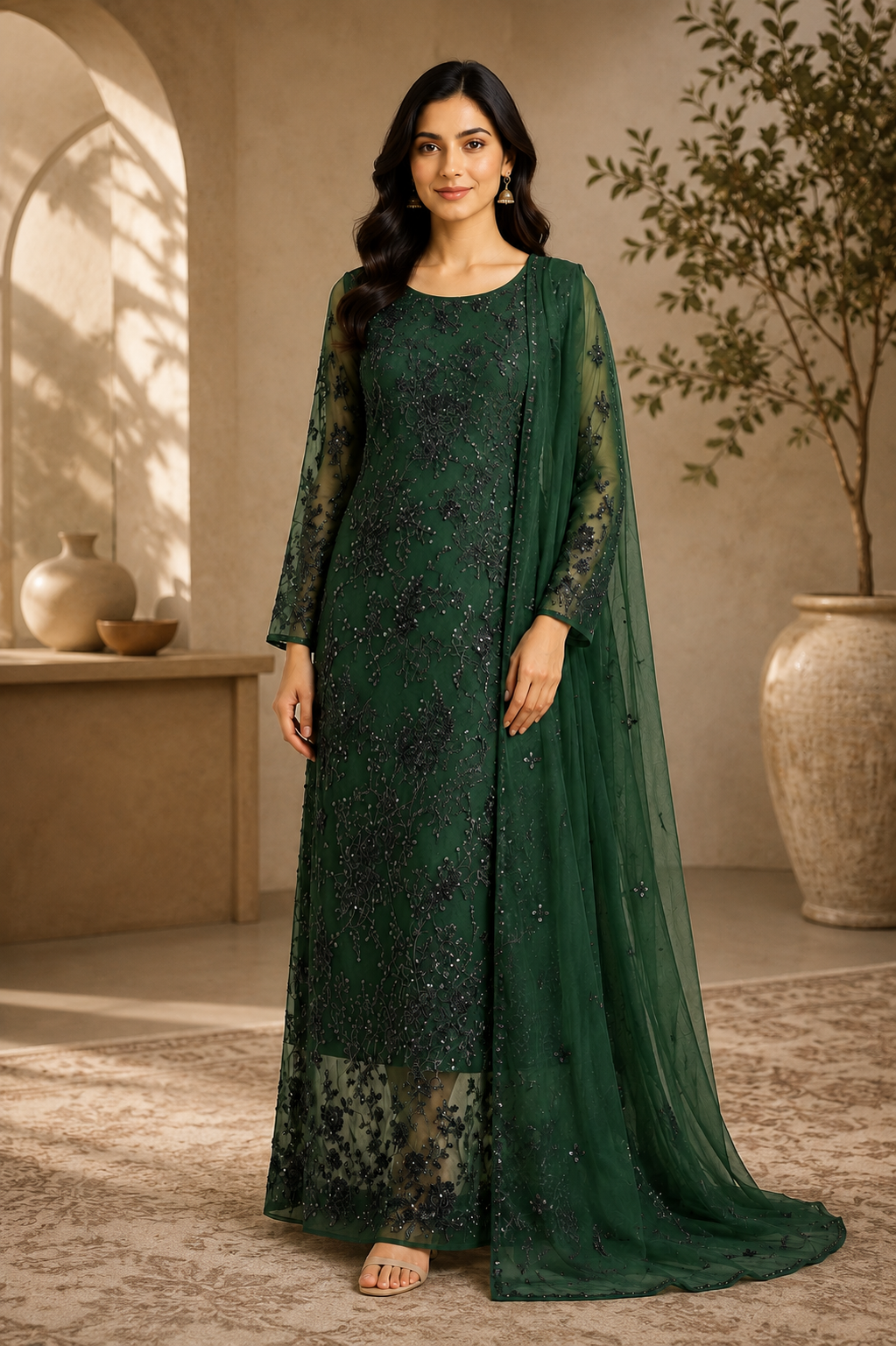 Emerald Green Embroidered Chiffon 3-Piece Unstitched Suit