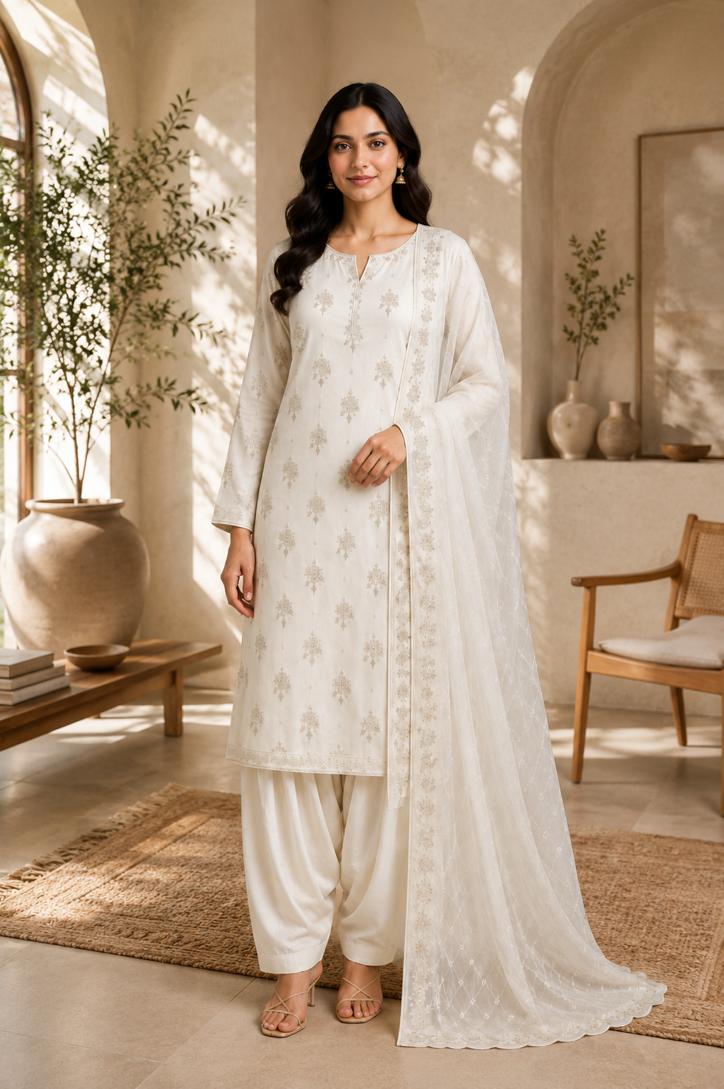 Off-White Embroidered Chiffon 3-Piece Unstitched Suit