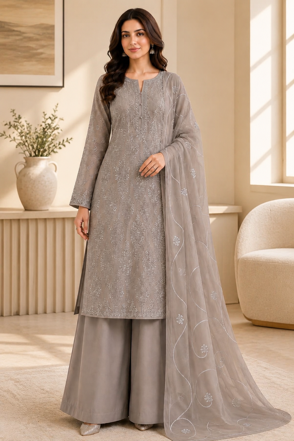 Ash Grey Embroidered Chiffon 3-Piece Unstitched Suit