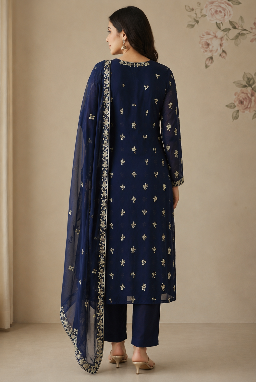 Craft your custom fit with this sophisticated unstitched 3-piece suit set featuring detailed floral embroidery across the shirt fabric. The set includes an embroidered neckpiece and coordinating sleeve borders, paired with smooth plain trouser fabric. Complete with a sheer, lightweight dupatta adorned with a richly embroidered border, this versatile ensemble offers timeless elegance tailored perfectly for festive gatherings and semi-formal celebrations.