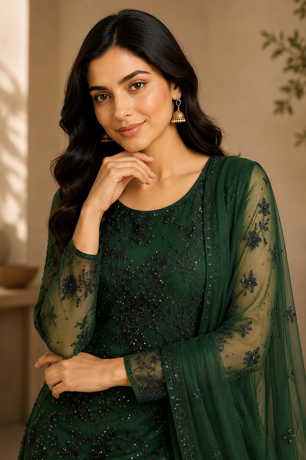 Emerald Green Embroidered Chiffon 3-Piece Unstitched Suit