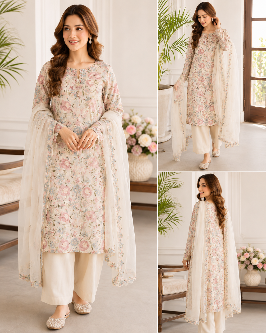 cream Floral Embroidered Chiffon 3-Piece Unstitched Suit