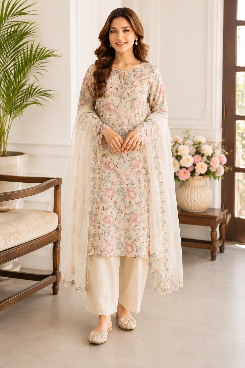cream Floral Embroidered Chiffon 3-Piece Unstitched Suit