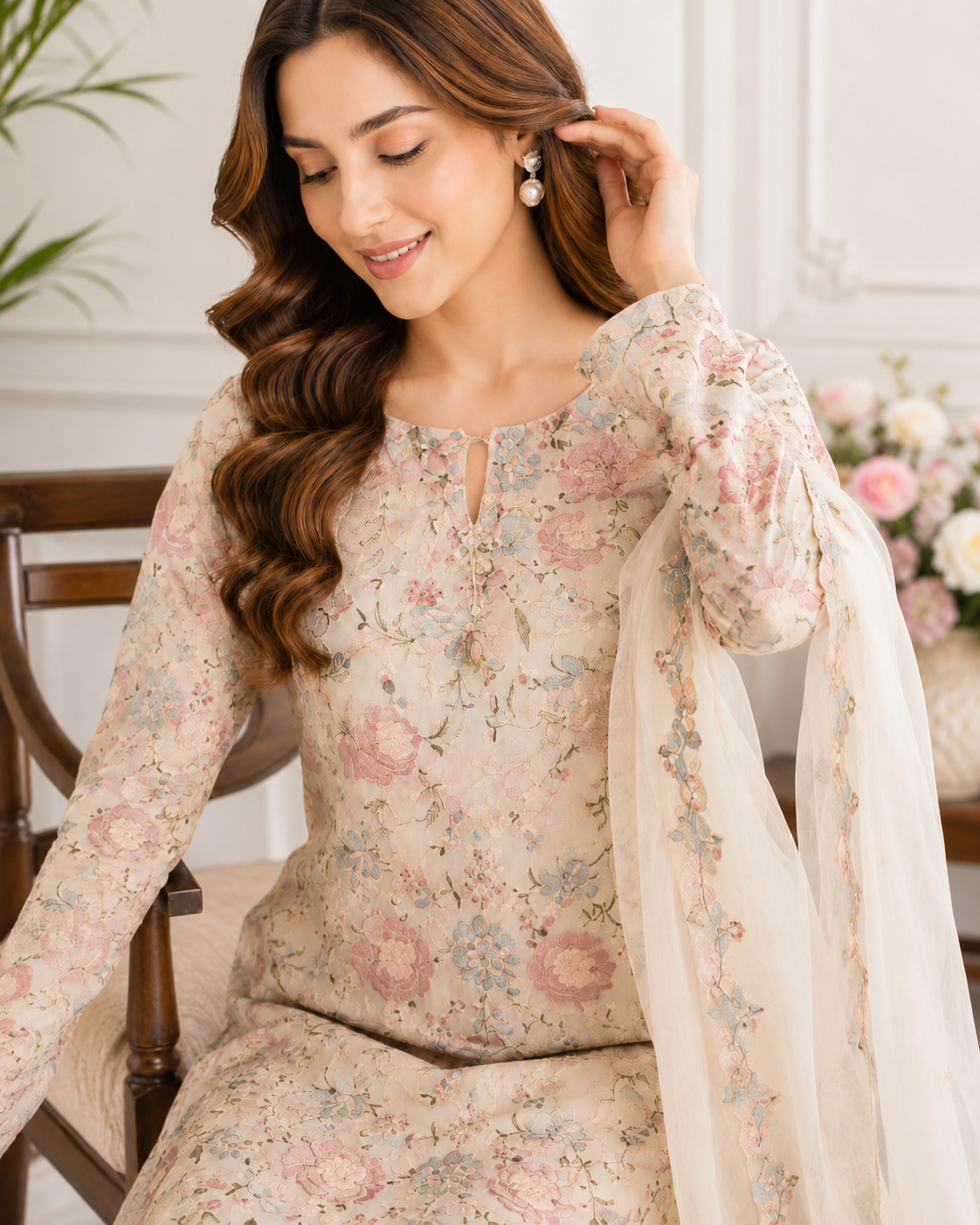 cream Floral Embroidered Chiffon 3-Piece Unstitched Suit