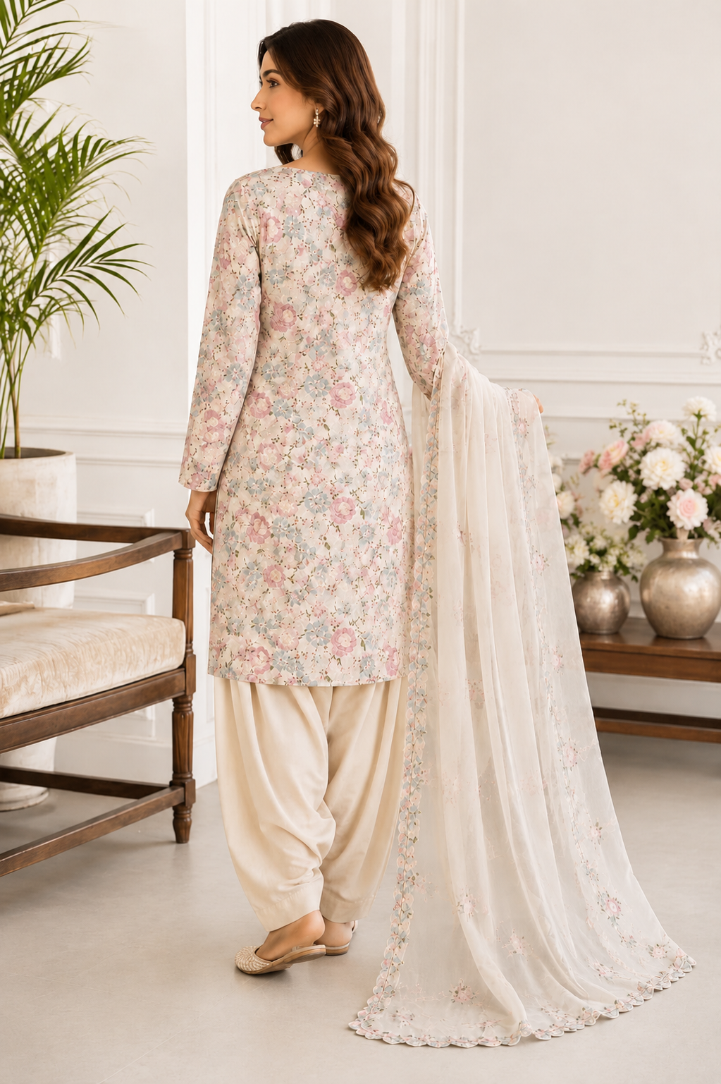 cream Floral Embroidered Chiffon 3-Piece Unstitched Suit