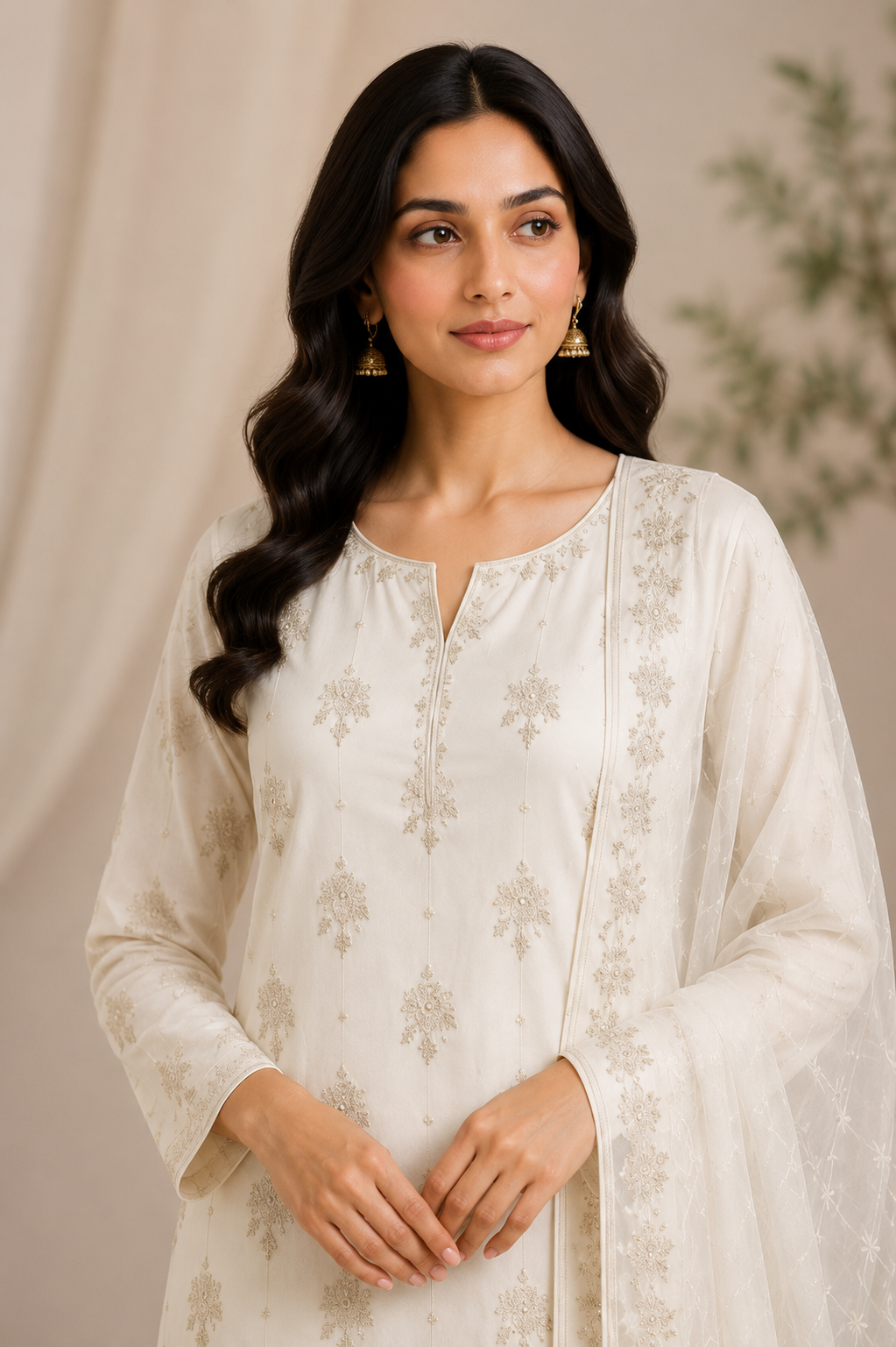 Off-White Embroidered Chiffon 3-Piece Unstitched Suit