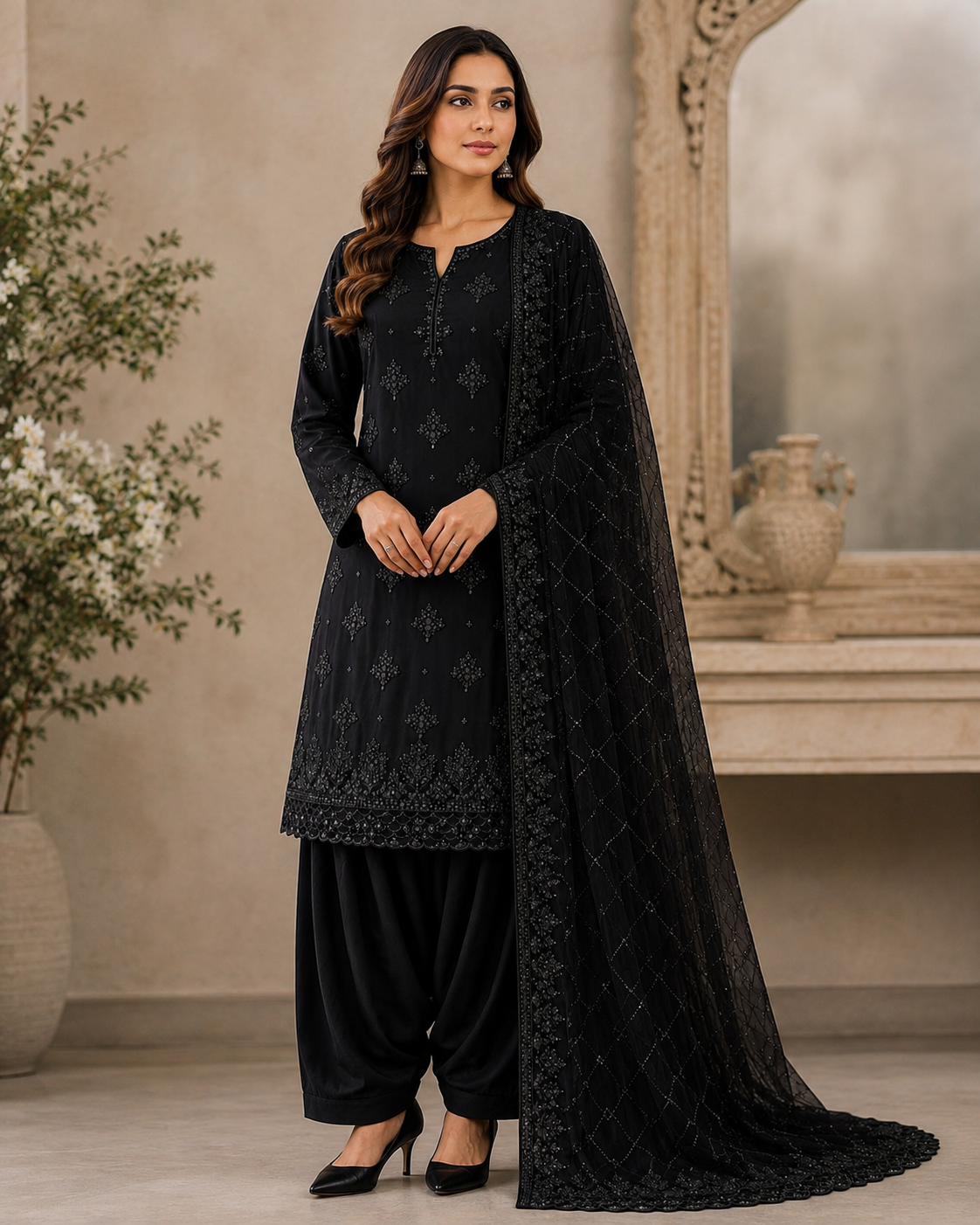 Black Embroidered Chiffon 3-Piece Unstitched Suit