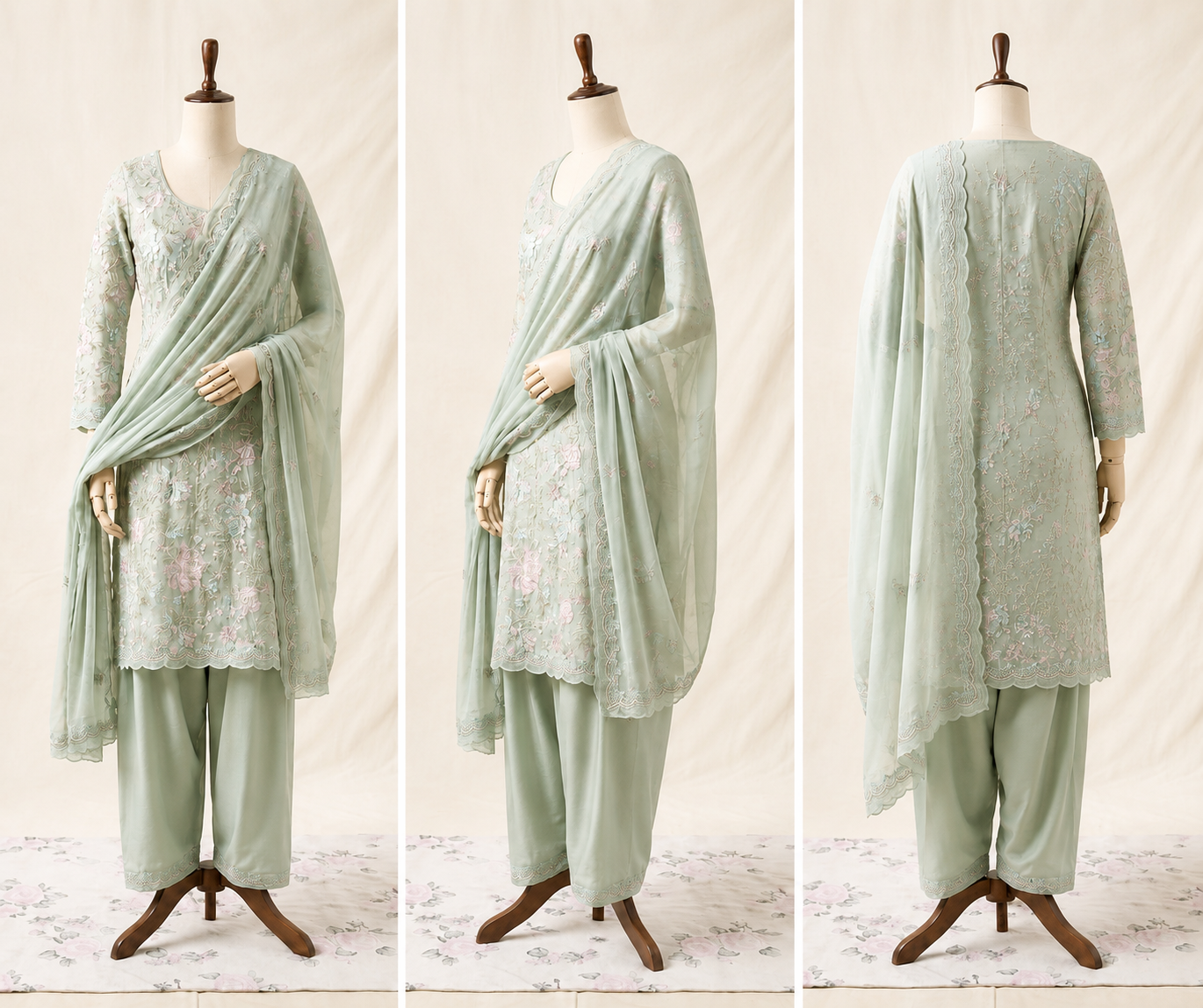 Sage Green Floral Embroidered Chiffon 3-Piece Unstitched Suit