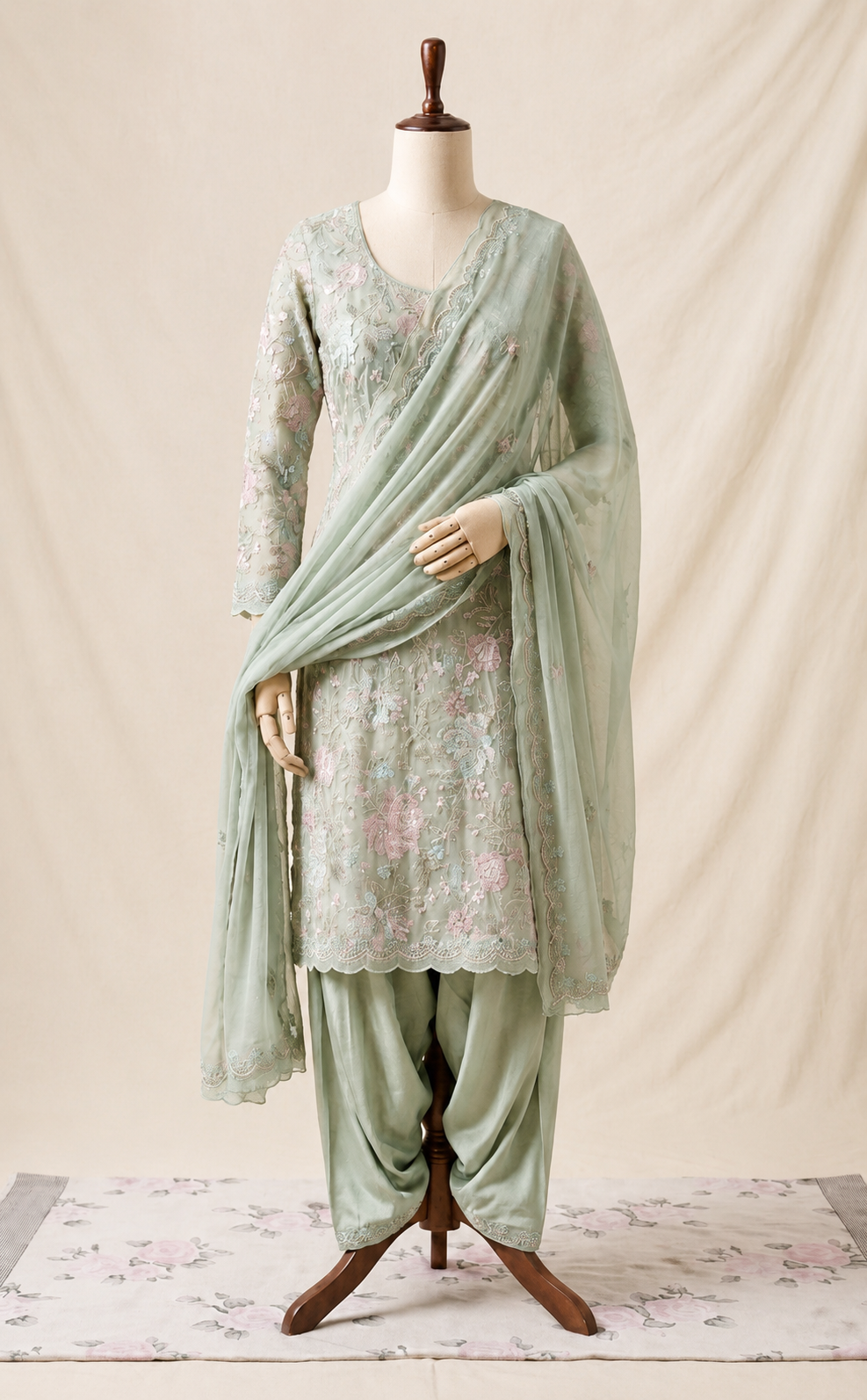 Sage Green Floral Embroidered Chiffon 3-Piece Unstitched Suit