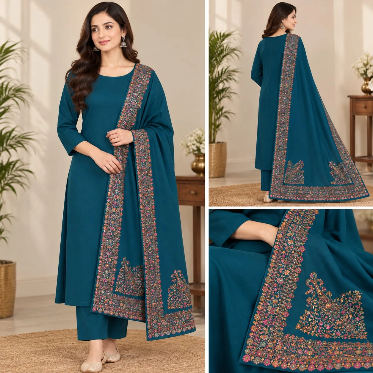 Plain Wool Suit with Intricate Kani/Embroidered Shawl Collection (3-Piece Ensemble) - Image 7