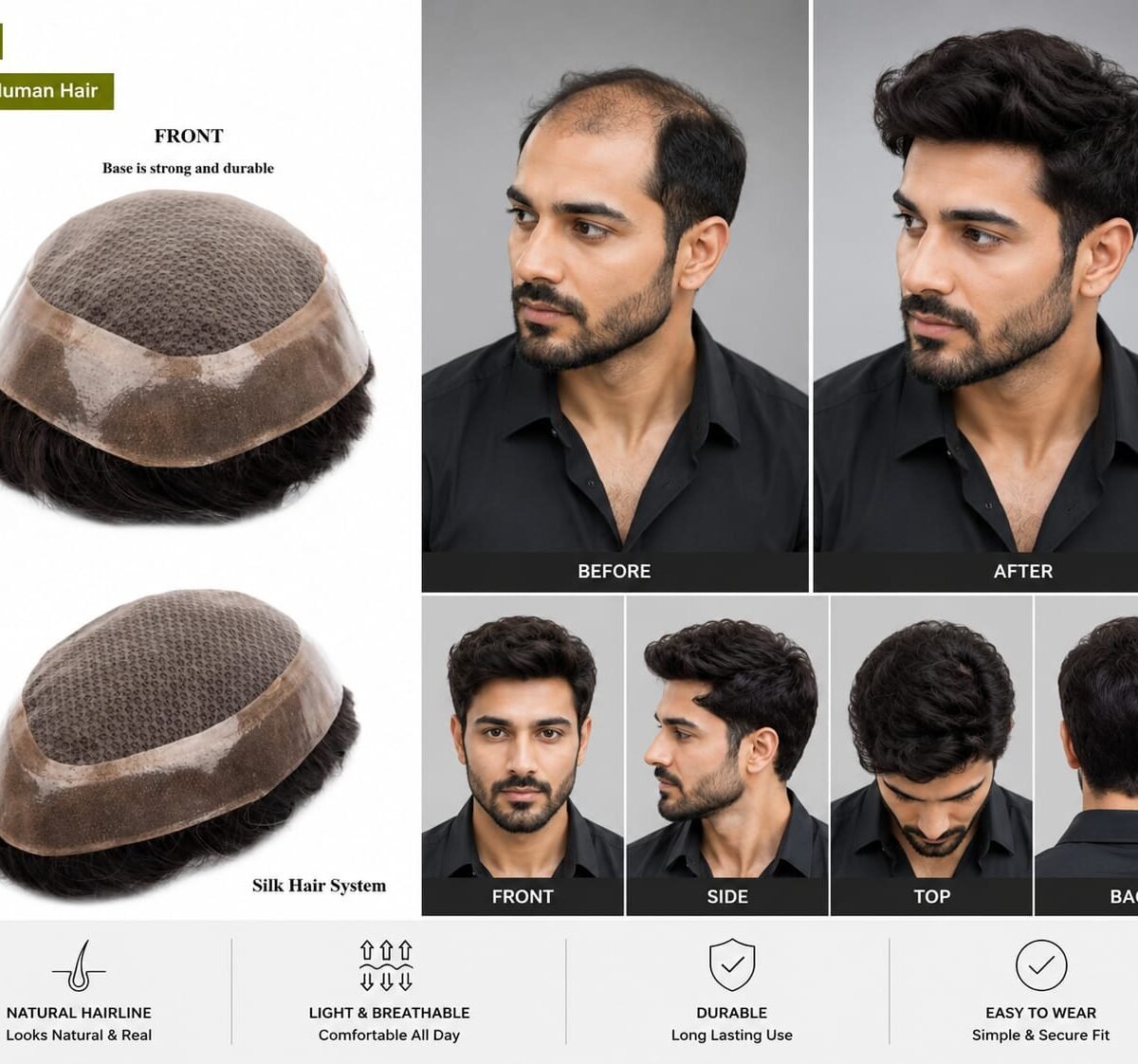 Men's Premium Human Hair Systems – Mirage, Full Head Wig, Swiss Front Lace & MGM Patches