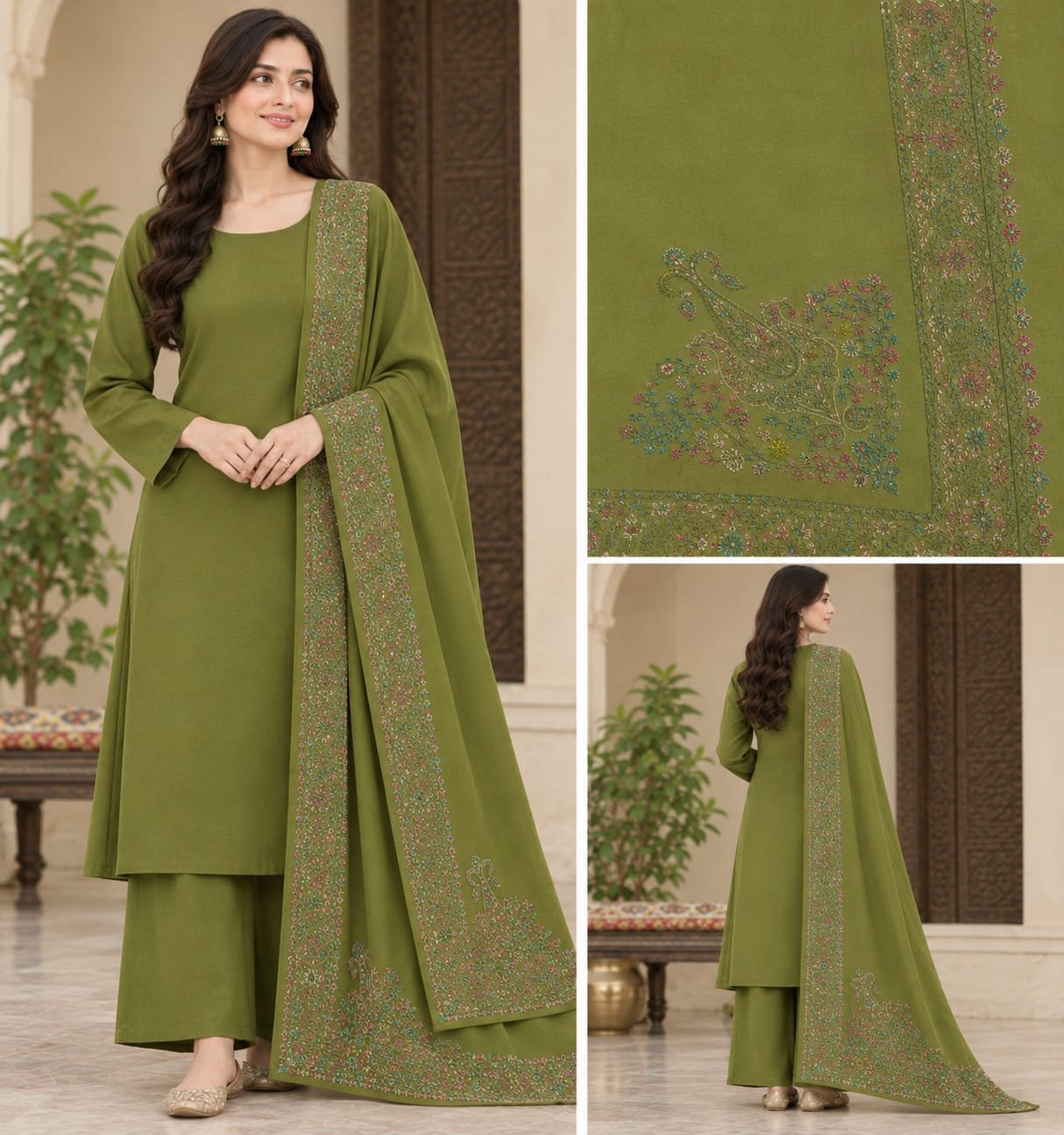 Plain Wool Suit with Intricate Kani/Embroidered Shawl Collection (3-Piece Ensemble) - Image 5