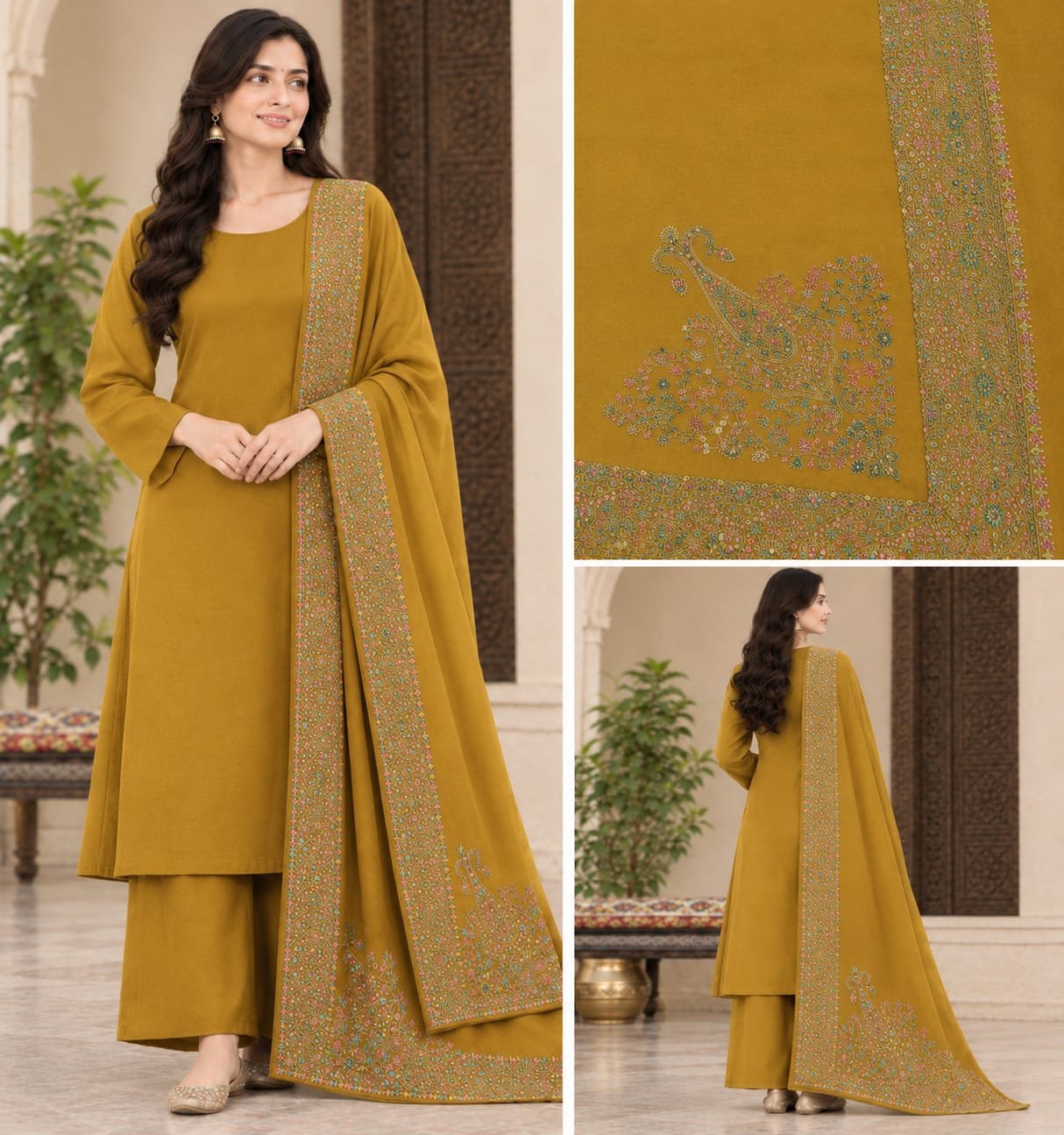 Plain Wool Suit with Intricate Kani/Embroidered Shawl Collection (3-Piece Ensemble) - Image 4