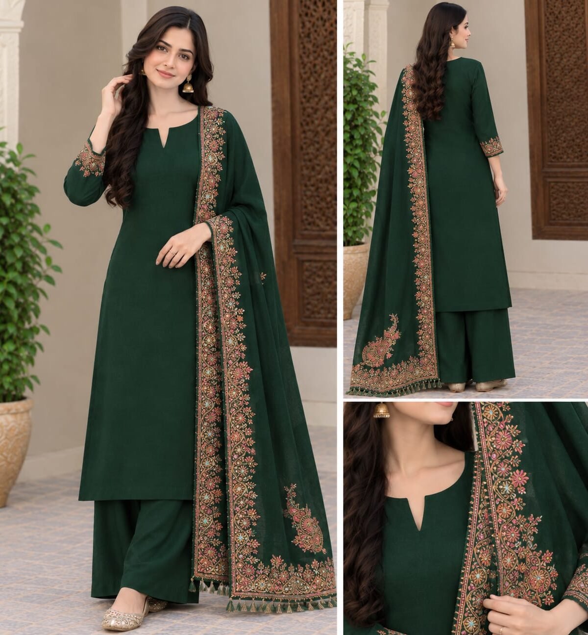 Plain Wool Suit with Intricate Kani/Embroidered Shawl Collection (3-Piece Ensemble)