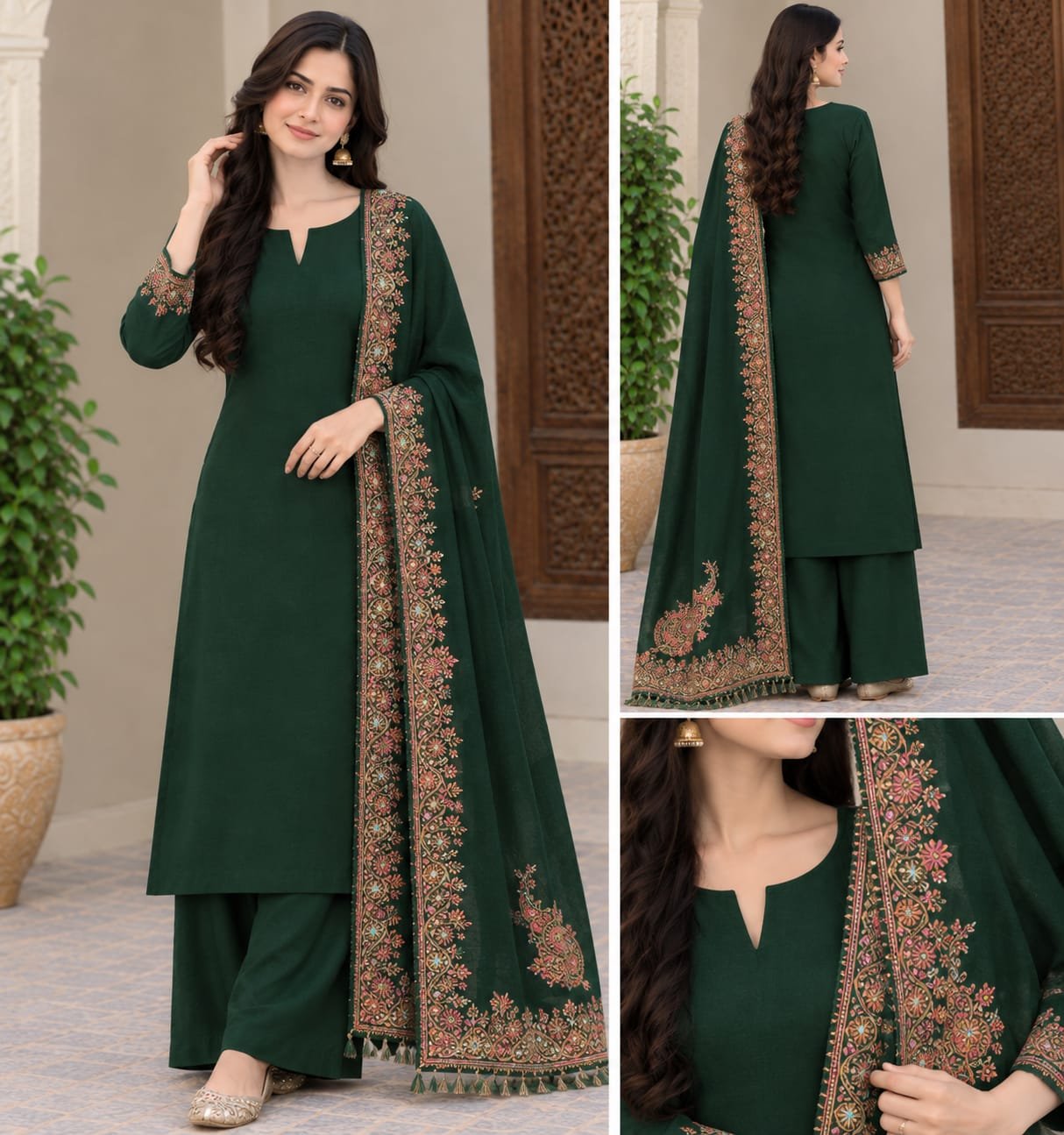 Plain Wool Suit with Intricate Kani/Embroidered Shawl Collection (3-Piece Ensemble)