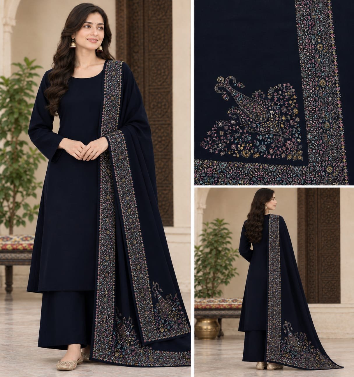 Plain Wool Suit with Intricate Kani/Embroidered Shawl Collection (3-Piece Ensemble) - Image 2