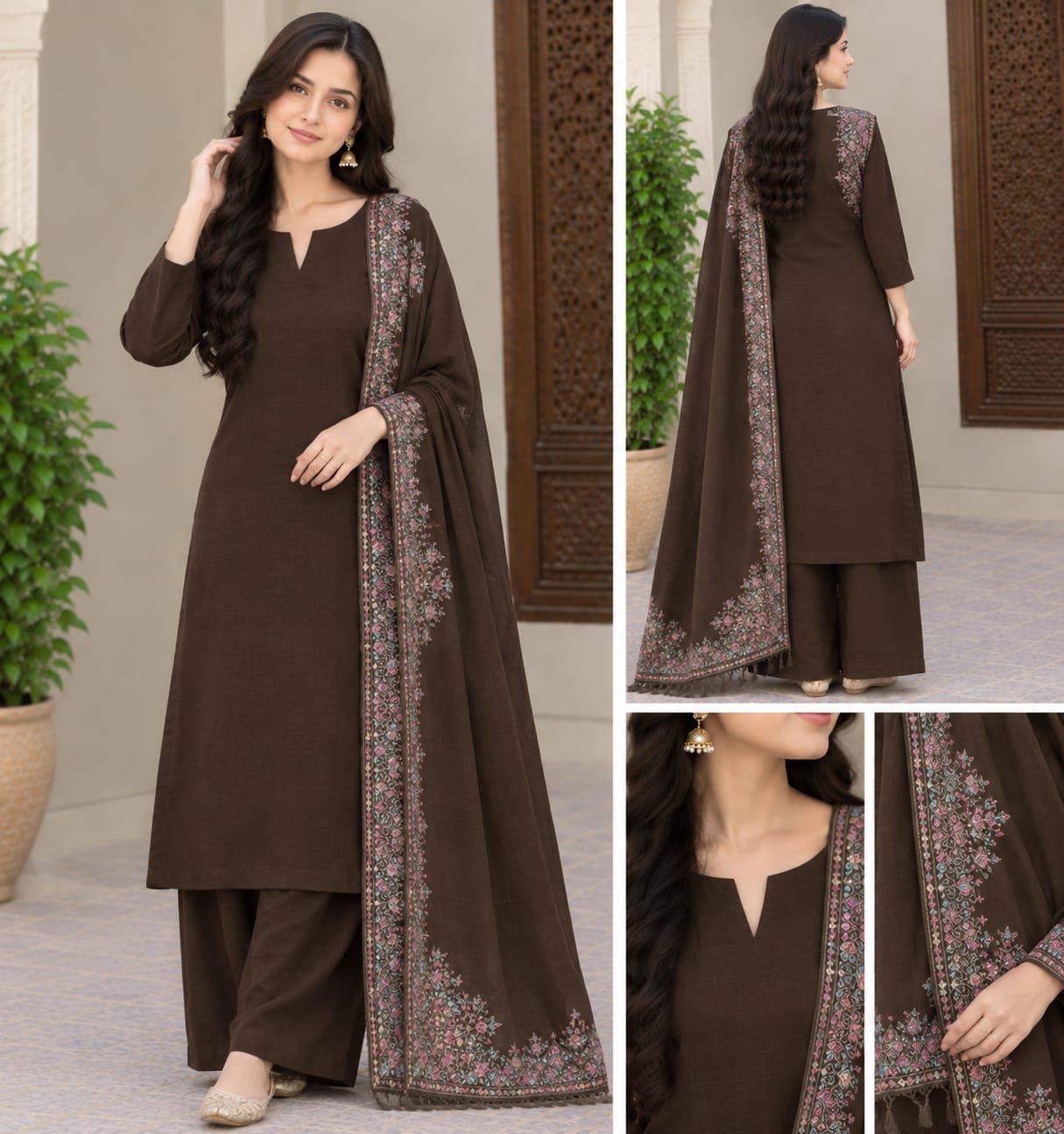Plain Wool Suit with Intricate Kani/Embroidered Shawl Collection (3-Piece Ensemble) - Image 3