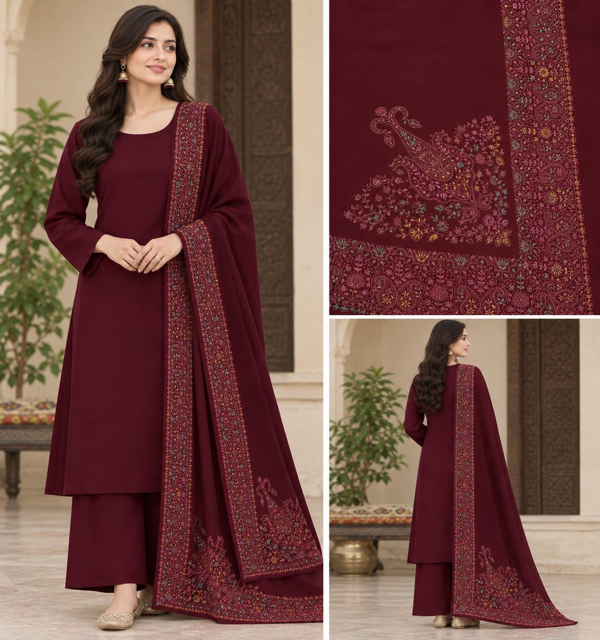 Plain Wool Suit with Intricate Kani/Embroidered Shawl Collection (3-Piece Ensemble) - Image 6