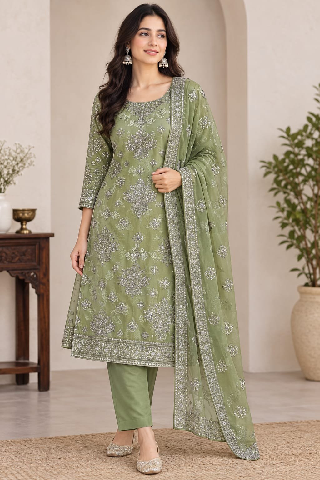 Original China Patti 3-Piece Unstitched Suit with Pure Chiffon Dupatta