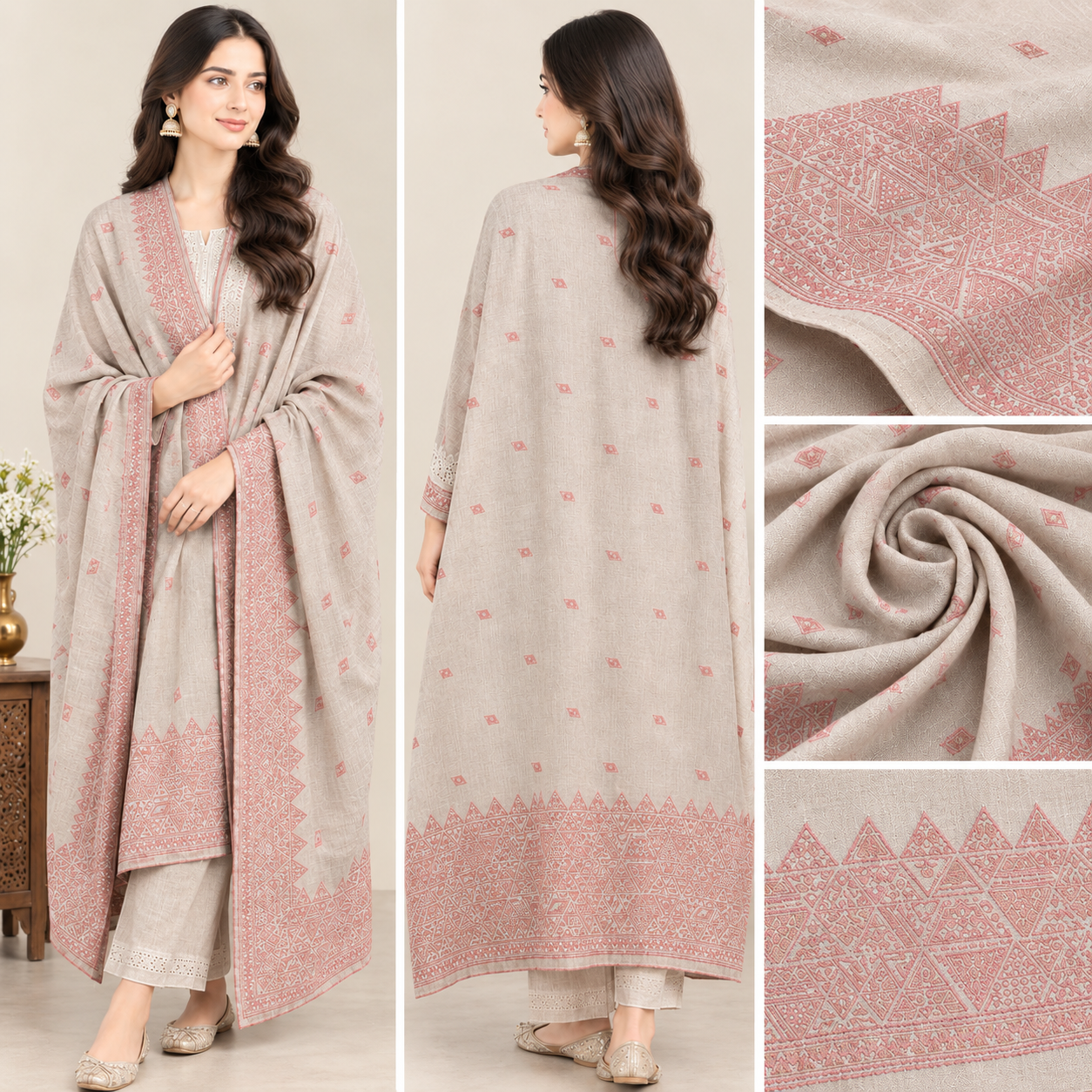 Geometric Border Kani Wool Shawls Collection (Textured Winter Wraps) - Image 3